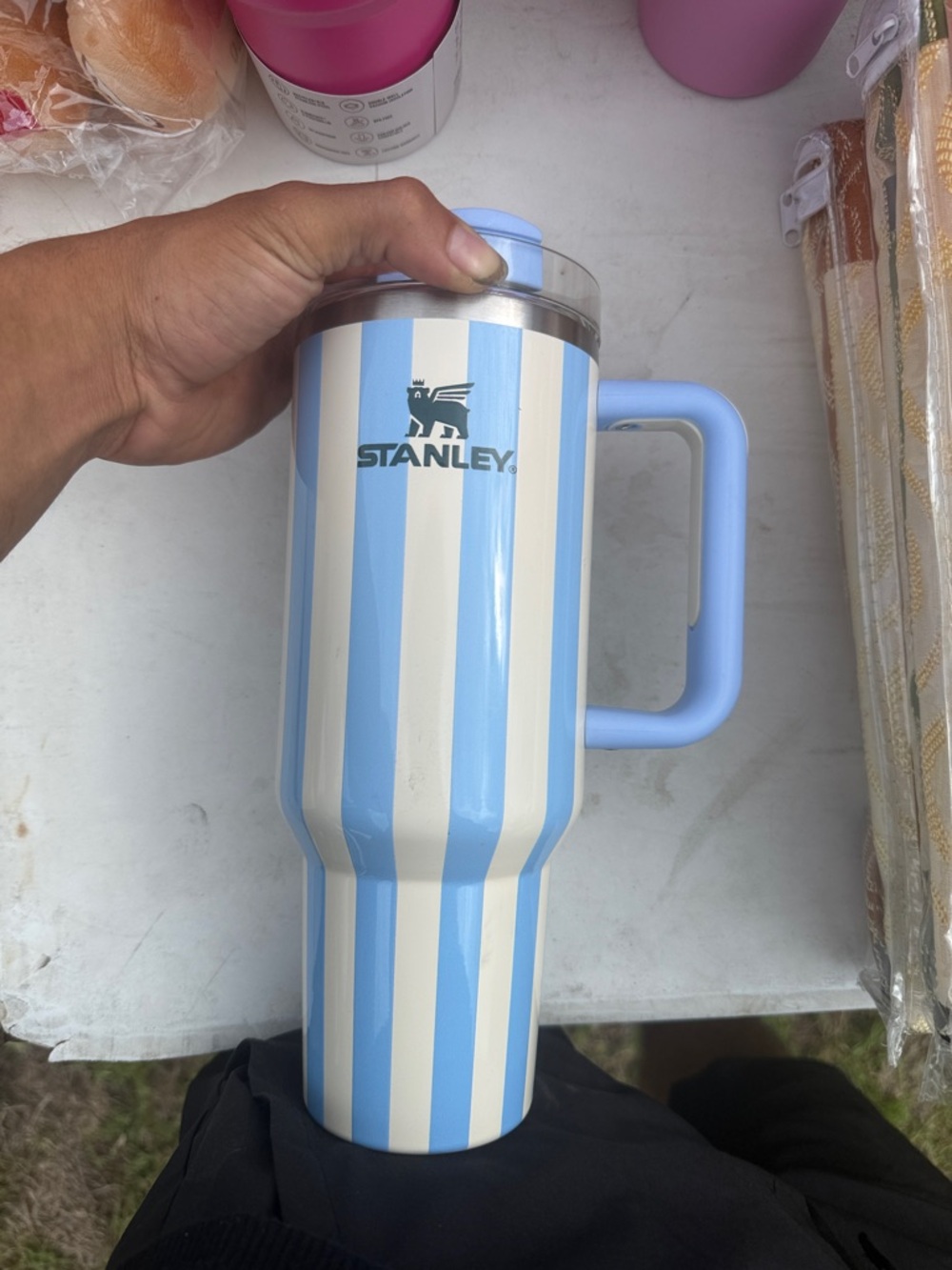 Stanley Light Blue & White Striped Insulated Travel Mug with Handle